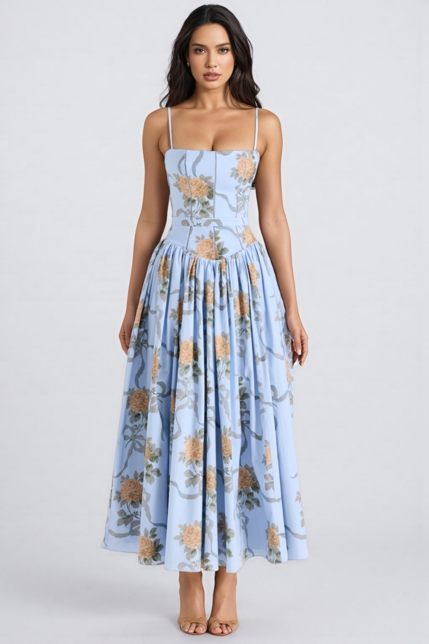 Gwend Blue Vintage Rose Print Cotton Midi Dress