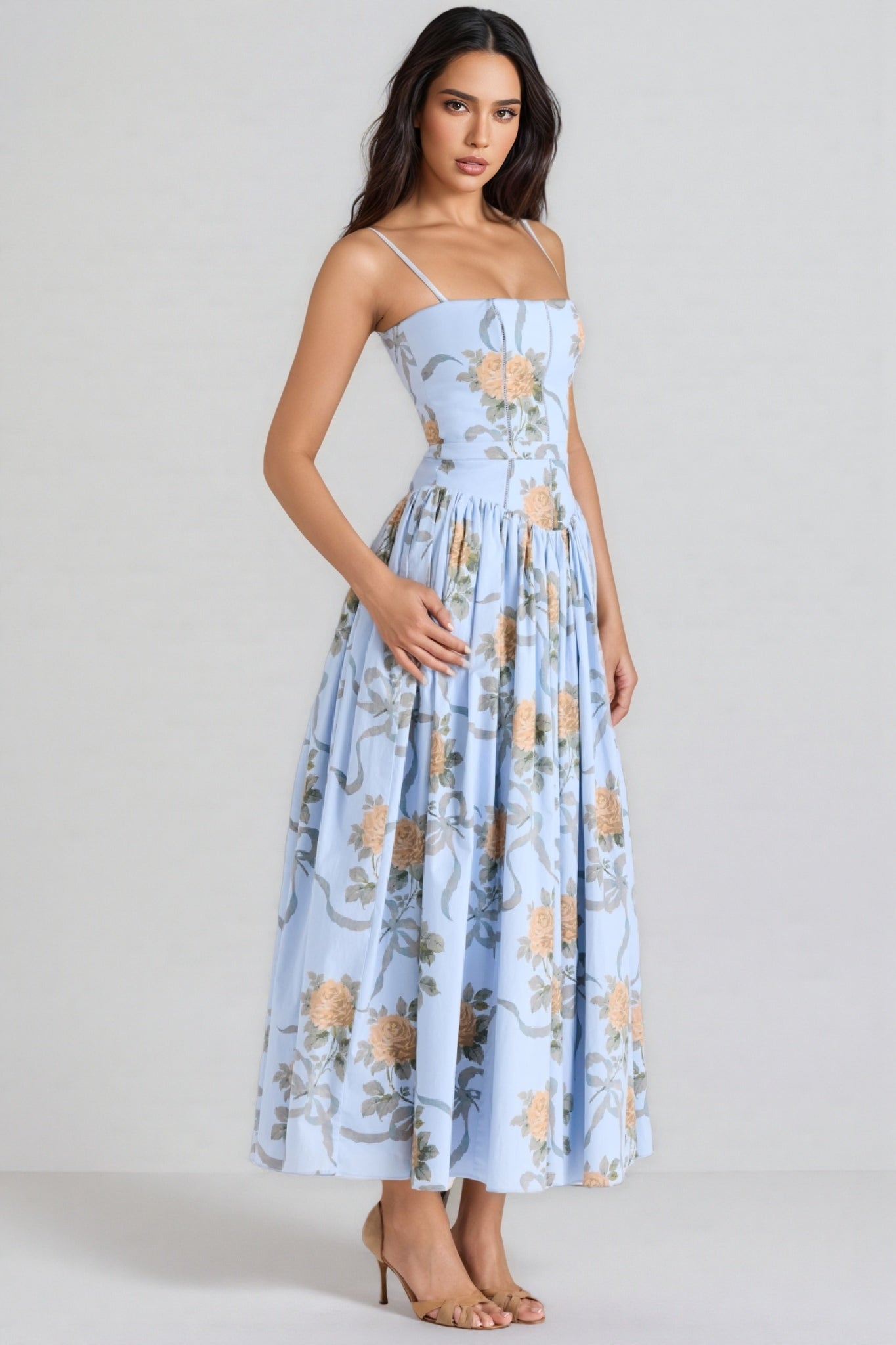Gwend Blue Vintage Rose Print Cotton Midi Dress