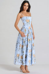 Gwend Blue Vintage Rose Print Cotton Midi Dress