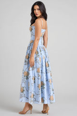 Gwend Blue Vintage Rose Print Cotton Midi Dress