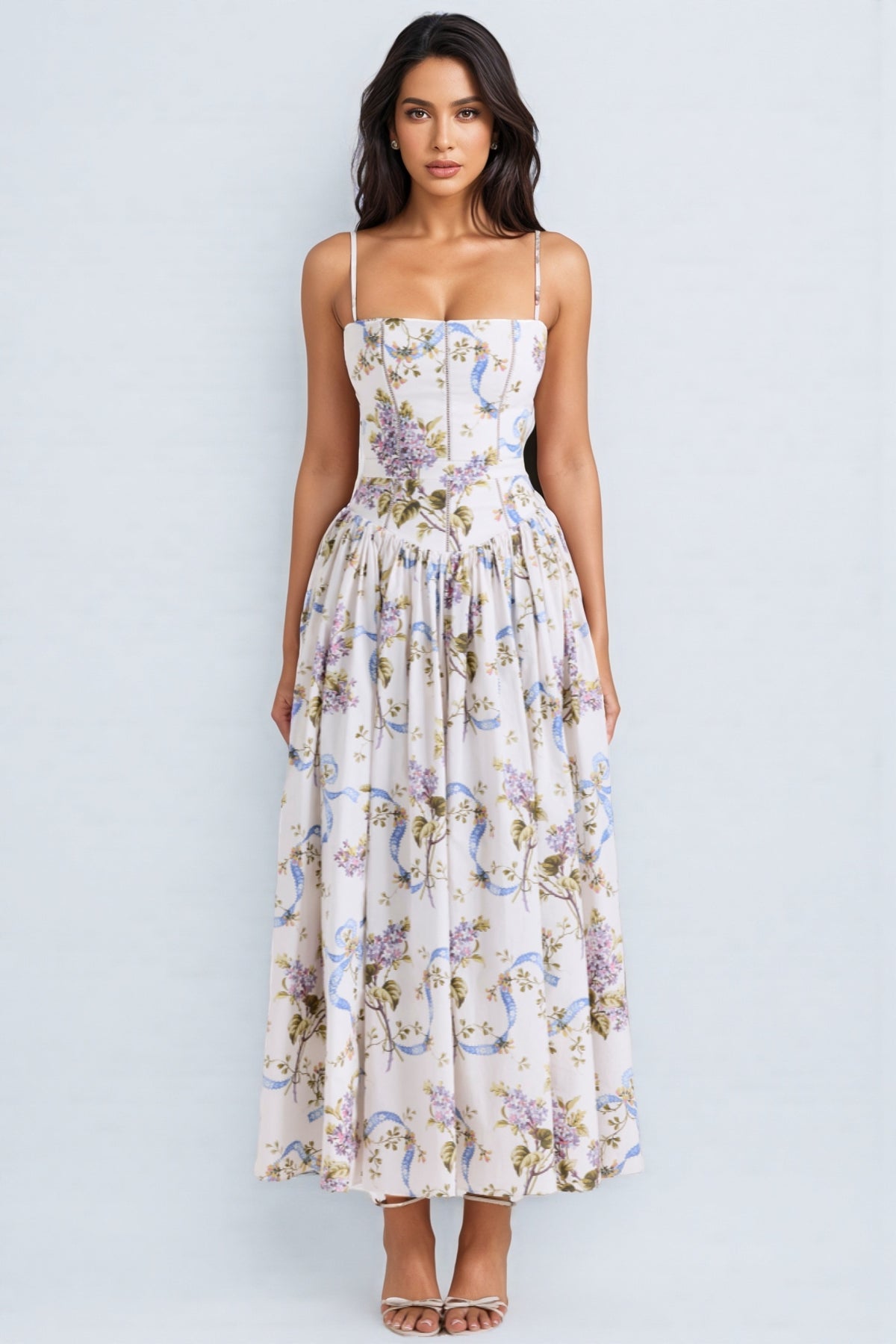 Zechariah White Ribbon Print Cotton Midi Dress