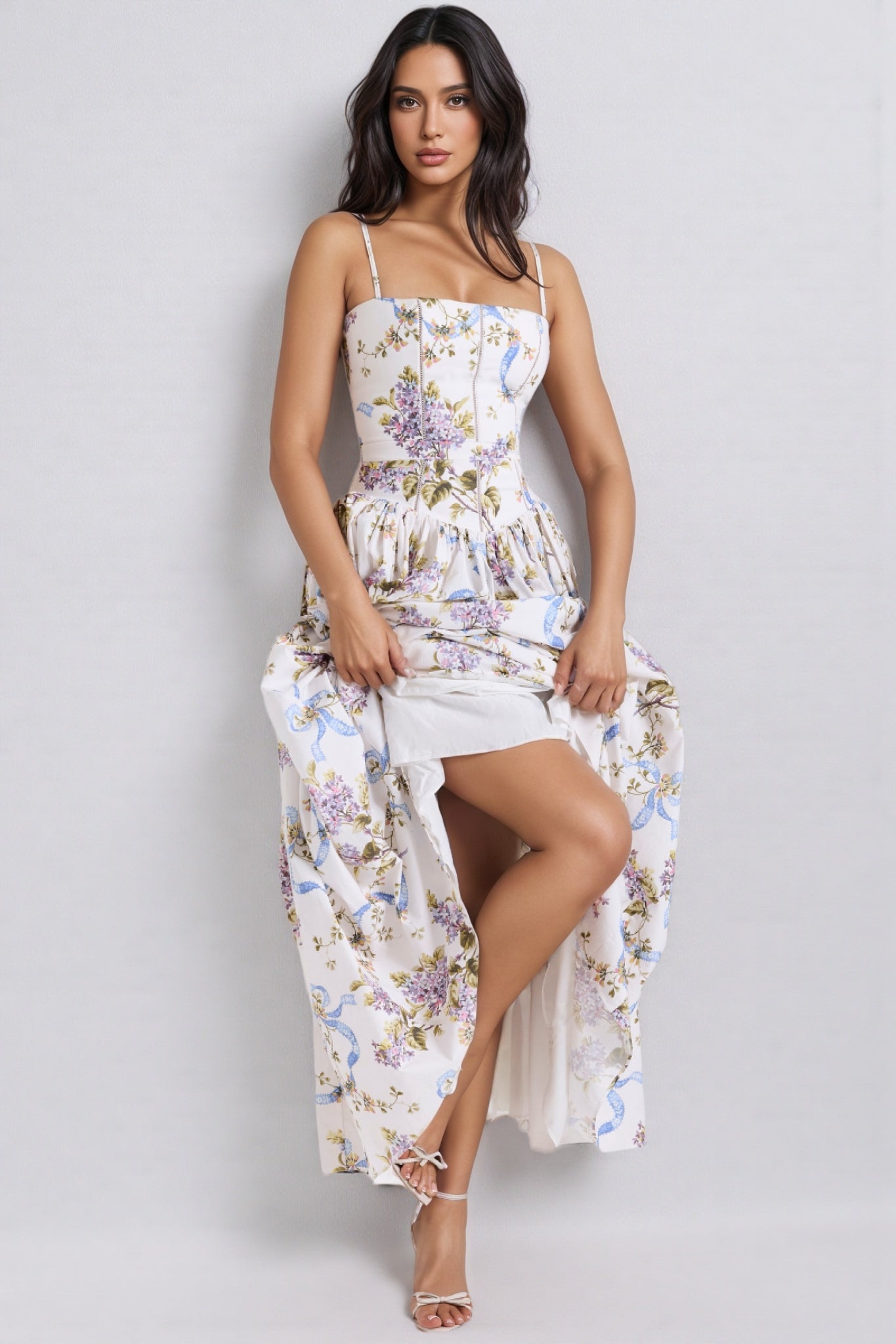 Zechariah White Ribbon Print Cotton Midi Dress