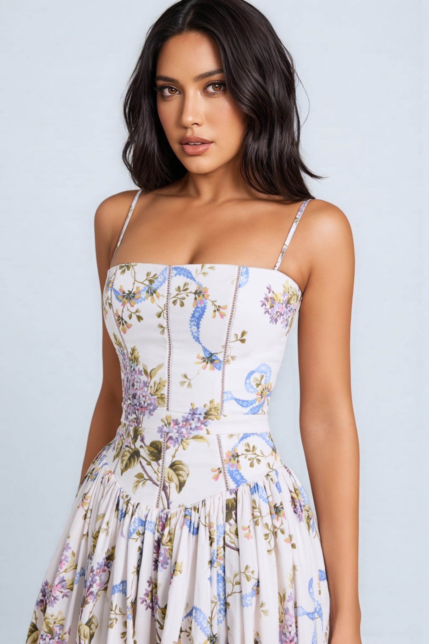 Zechariah White Ribbon Print Cotton Midi Dress