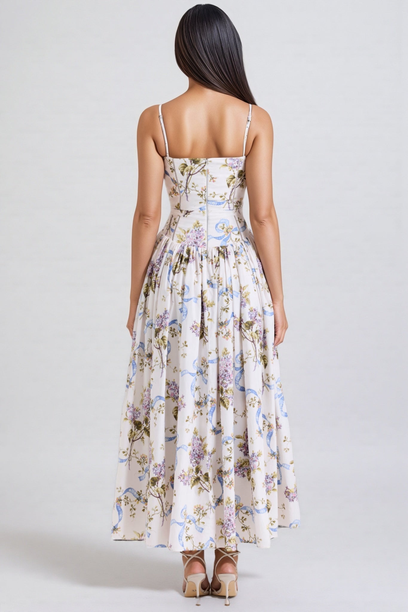 Zechariah White Ribbon Print Cotton Midi Dress