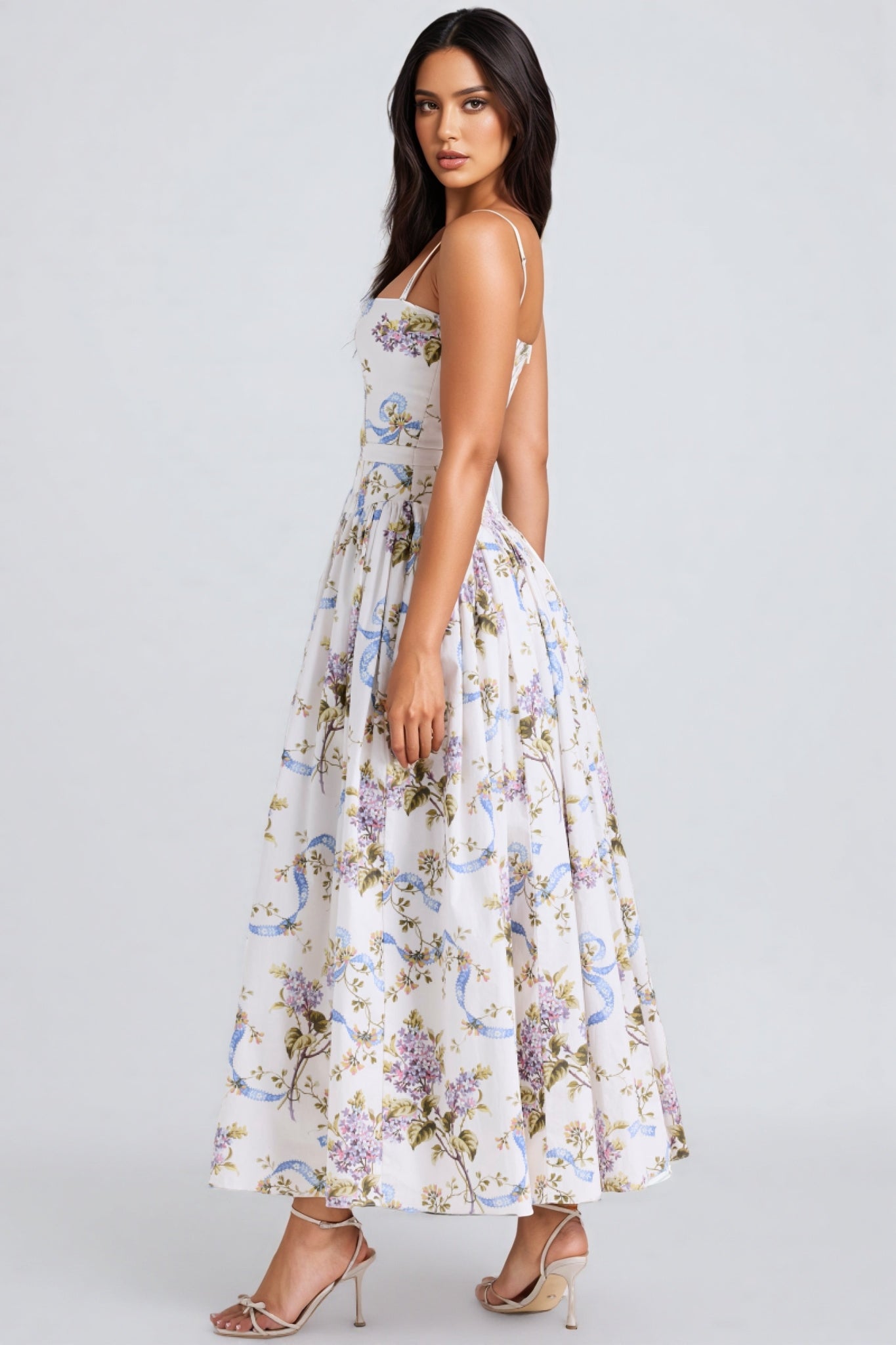 Zechariah White Ribbon Print Cotton Midi Dress